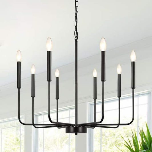 Unbranded Classic 8-Light Black Rustic Linear Chandelier Traditional Fixture Farmhouse Kitchen Island Candle with No Bulb Included D0070-8-B-UL