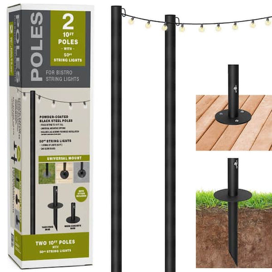 EXCELLO GLOBAL PRODUCTS Two 10ft. Outdoor String Light Poles with 50-Light 50 ft. LED Plug-in Globe Bulb String Lights EGP-HD-0360
