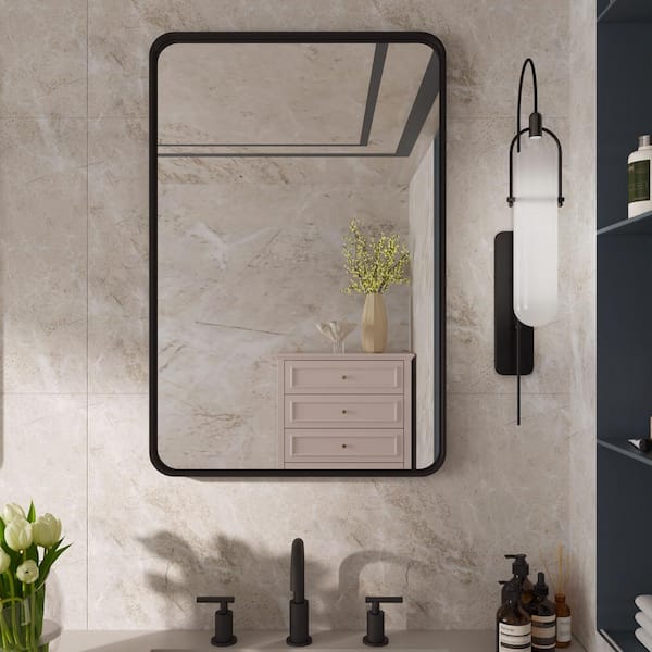 FORIOUS 23 in. W x 35 in. H Large Rectangular Single Aluminum Framed Wall Mount Bathroom Vanity Mirror in Black HH21001B2335
