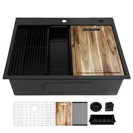 Glacier Bay 27 in. Drop-in Single Bowl 18 Gauge Black Stainless Steel Workstation Kitchen Sink ACS2722A1T-WB