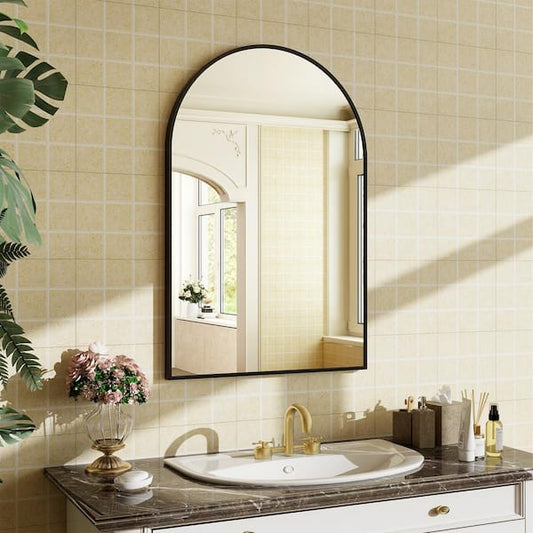 GLSLAND 24 in. W x 36 in. H Arched Metal Framed Wall Bathroom Vanity Mirror Black A2436BAC