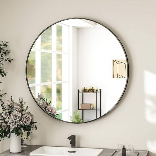GLSLAND 30 in. W x 30 in. H Round Metal Framed Wall Bathroom Vanity Mirror Black A30BRM