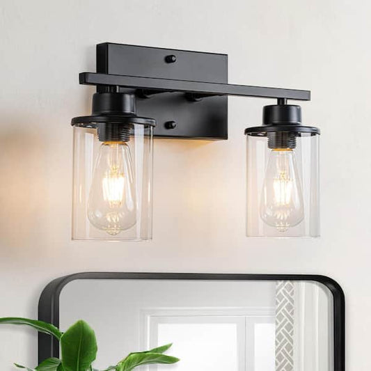 GoYeel 14.61 in. 2 Lights Black Bathroom Vanity Light with Cylinder Glass Shade for Mirror,Vanity VL0402BK