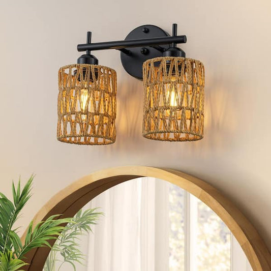GoYeel 11.81 in. 2-Light Farmhouse Black Bathroom Vanity Light with Cylinder Yellow Rattan Shade VL5702BK