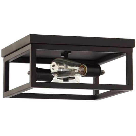 Hampton Bay Boswell Quarter 12-1/2 in. 2-Light Black Industrial Open Cage Flush Mount Ceiling Light 8017HBDBDI