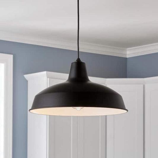 Hampton Bay 1-Light Black Warehouse Pendant Hanging Light with Metal Shade AF-1032R/BK