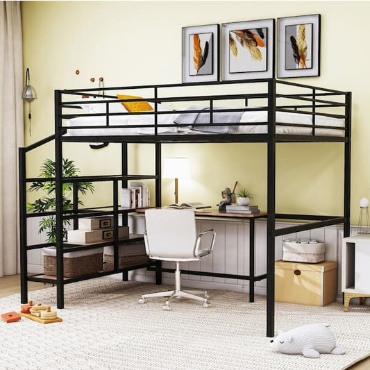Harper & Bright Designs Black Full Size Metal Loft Bed with Built-in Desk and Lateral Storage Staircase NT039AAB