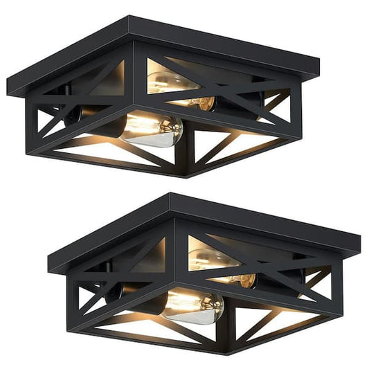 HKMGT 9.8 in. 2-Light Farmhouse Square Black Flush Mount Ceiling Light with No Bulbs Included (2-Pack) XDD02xy03