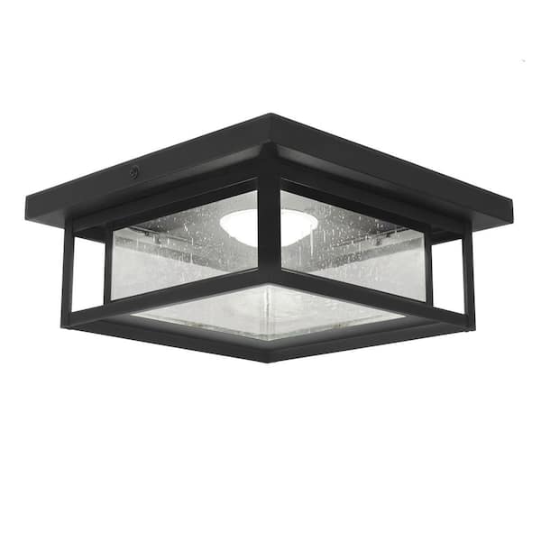 Home Decorators Collection Mauvo Canyon 12 in. Black Dusk to Dawn Integrated LED Outdoor Ceiling Light Flush Mount Fixture with Seeded Glass FLS-06005-DEL