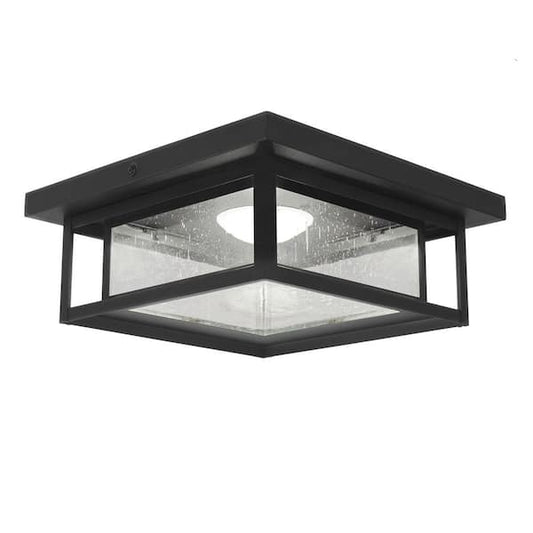 Home Decorators Collection Mauvo Canyon 12 in. Black Dusk to Dawn Integrated LED Outdoor Ceiling Light Flush Mount Fixture with Seeded Glass FLS-06005-DEL