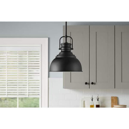 Home Decorators Collection Shelston 10 in. 1-Light Black Farmhouse Pendant Light Fixture with Metal Shade RS20190724110BK