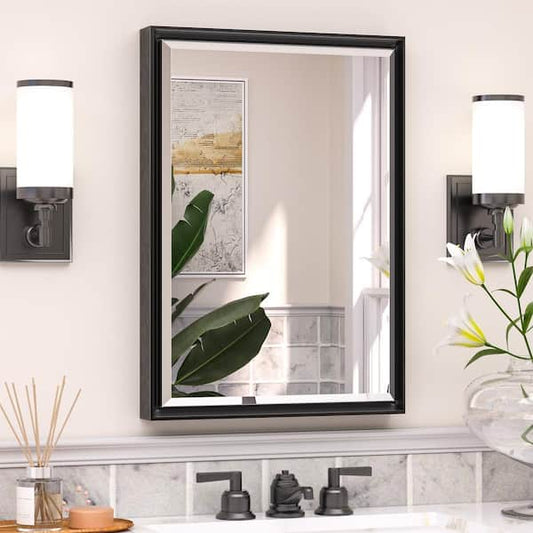 KeonJinn 16 in. W x 24 in. H Rectangular Framed Beveled Edge Wall Bathroom Vanity Mirror in Black HD-XB-4161-BK