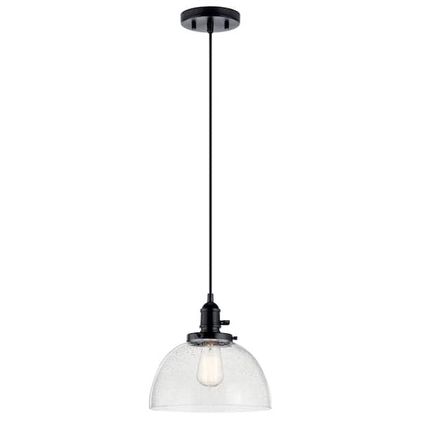 KICHLER Avery 10.25 in. 1-Light Black Farmhouse Shaded Kitchen Goblet Mini Pendant Light with Clear Seeded Glass 43853BK