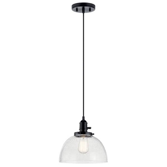 KICHLER Avery 10.25 in. 1-Light Black Farmhouse Shaded Kitchen Goblet Mini Pendant Light with Clear Seeded Glass 43853BK