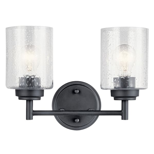 KICHLER Winslow 12.75 in. 2-Light Black Contemporary Bathroom Vanity Light with Clear Seeded Glass 45885BK