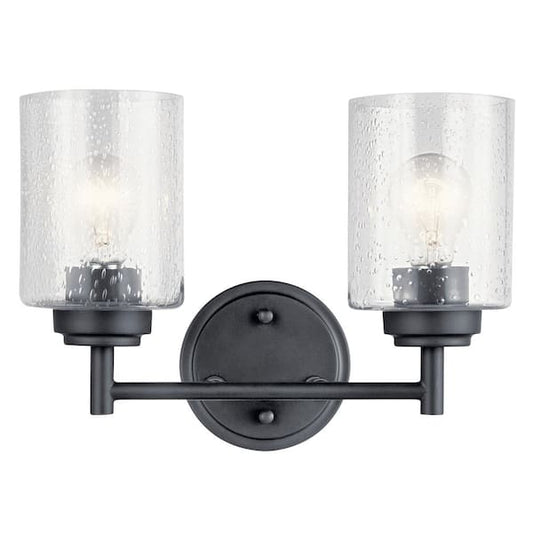 KICHLER Winslow 12.75 in. 2-Light Black Contemporary Bathroom Vanity Light with Clear Seeded Glass 45885BK