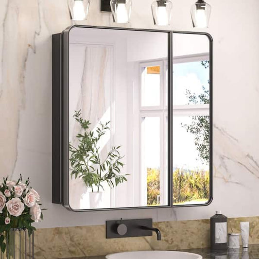 KeonJinn 30 in. W x 32 in. H Rectangular Black Stainless Steels  Framed Recessed/Surface Mount Medicine Cabinet with Mirror hd-JGYJ7681BK
