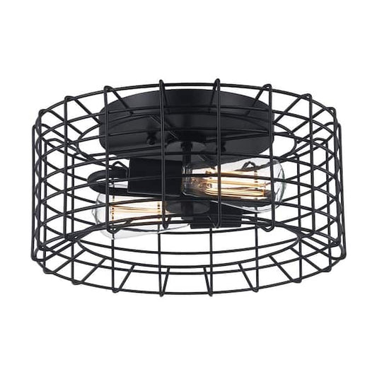 Monteaux Lighting Monteaux 13.65 in. 2-Light Black Flush Mount Ceiling Light Fixture with Metal Wire Caged Shade DC-C3890