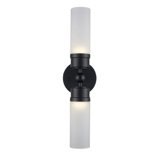Monteaux Lighting 20.63 in. 2-Light Black LED Rechargeable Battery Operated Wall Sconce with Frosted Glass Shades, Remote Included HS-9171-USB