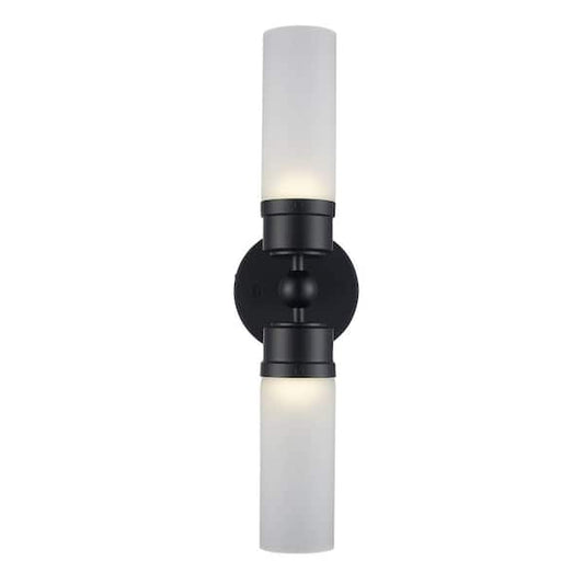 Monteaux Lighting 20.63 in. 2-Light Black LED Rechargeable Battery Operated Wall Sconce with Frosted Glass Shades, Remote Included HS-9171-USB