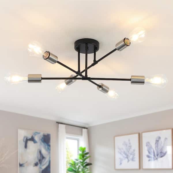 LWYTJO 20.66 in. 6-Light Black/Nickel Dimmable Sputnik Chandelier Modern Linear Semi Flush Mount Ceiling Light for Living Room X0081-B+SN-UL