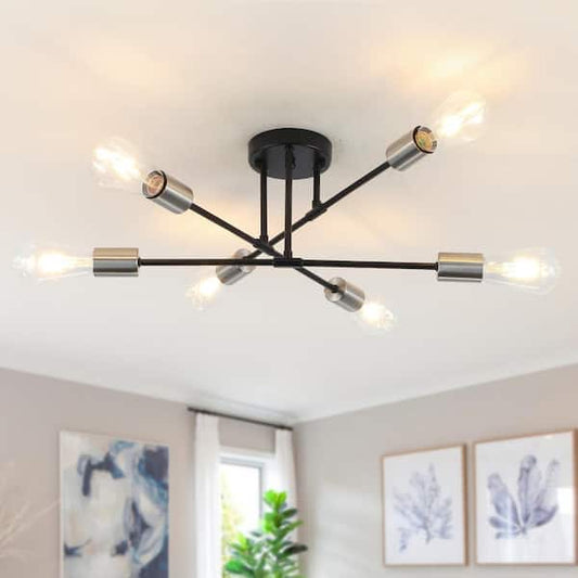 LWYTJO 20.66 in. 6-Light Black/Nickel Dimmable Sputnik Chandelier Modern Linear Semi Flush Mount Ceiling Light for Living Room X0081-B+SN-UL