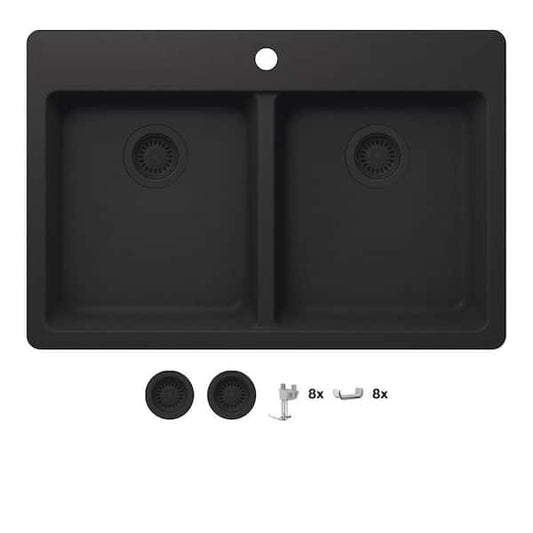 Glacier Bay Stonehaven 33 in. Drop-In 50/50 Double Bowl Black Onyx Granite Composite Kitchen Sink with Black Strainer STHMDN200DM 10