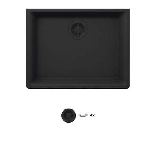 Glacier Bay Stonehaven 24 in. Undermount Single Bowl Black Onyx Granite Composite Kitchen Sink with Black Strainer STHGMN100U 10