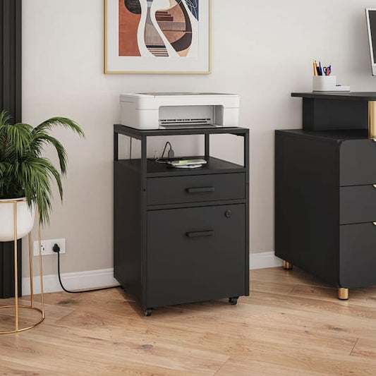 TECHNI MOBILI 2-Drawer Black Engineered Wood 15.75 in. W Lateral Rolling Locking File Cabinet RTA-S19-BK