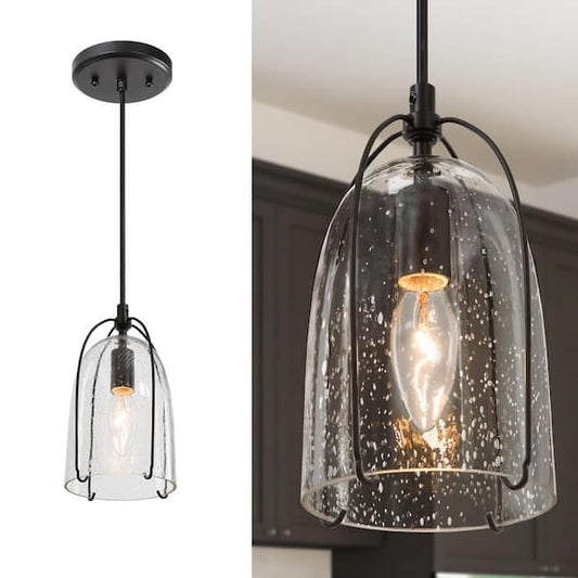 Uolfin Modern Black Kitchen Island Hanging Light, 1-Light Industrial Cage Dining Room Pendant Light with Seeded Glass Shade 628C7N7ZJJQ3821