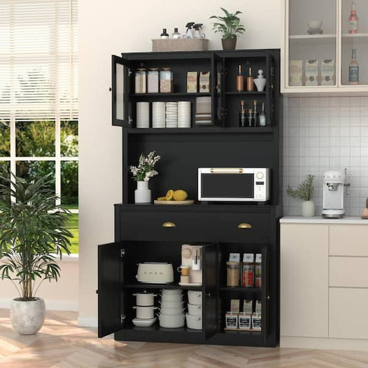 VEIKOUS Black MDF 39.4 in. Sideboard Food Pantry Kitchen Buffet and Hutch with 4-Adjustable Shelves and 2-Drawer HP0405-03BK-L