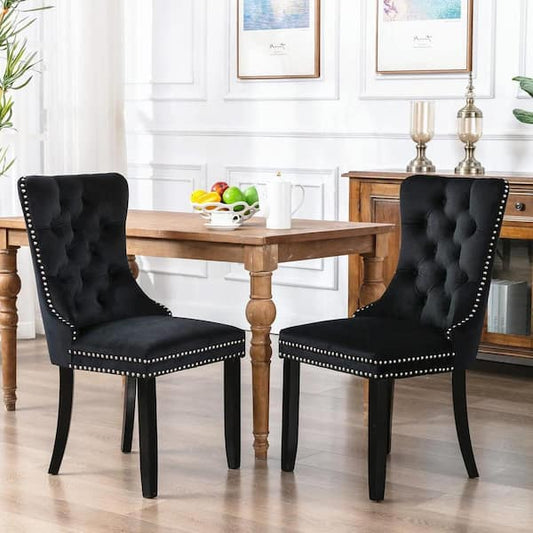 WONDER COMFORT Luxury Black Velvet Dining Chairs Set of 2, Tufted Upholstered Wing Back Chairs with Back Ring Pull, Nailhead Trim TN-1115-2pcs