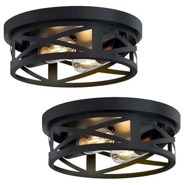 YANSUN 11 in. 2-Light Black Farmhouse Flush Mount with Drum Metal Cage Shade for Entryway Bedroom(2-Pack) H-CL059-2