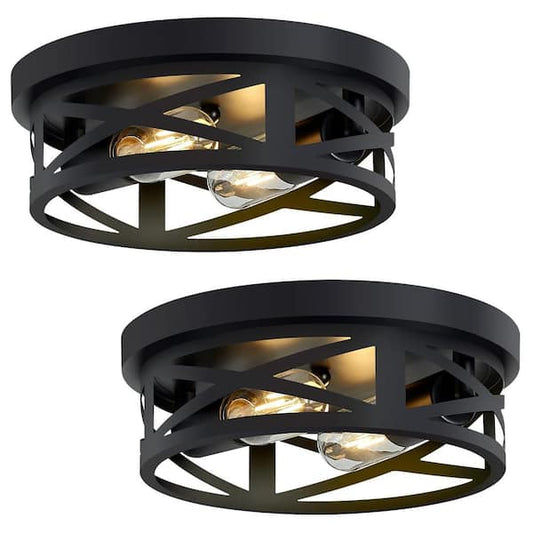 YANSUN 11 in. 2-Light Black Farmhouse Flush Mount with Drum Metal Cage Shade for Entryway Bedroom(2-Pack) H-CL059-2