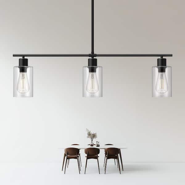 YANSUN 3-Light Black Industrial Modern Linear Kitchen Island Pendant with Clear Glass Shades for Dining Table H-DZ104BN1