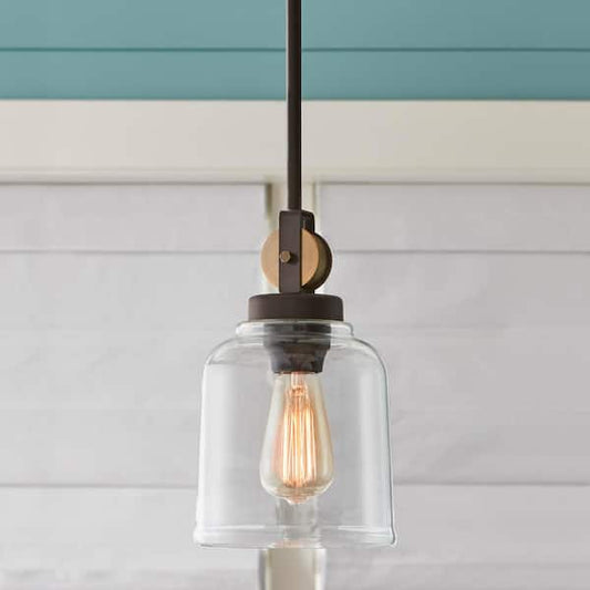 Home Decorators Collection Knollwood 7 in. 1-Light Black Bronze Vintage Brass Accents Industrial Mini Pendant Light for Kitchen 7994HDCBBDI