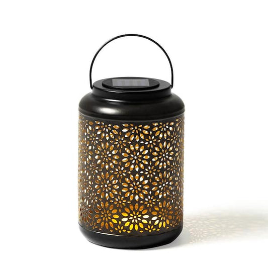 Glitzhome 8.75 in. H Black Metal Cutout Flower Solar Powered Outdoor Hanging Lantern with LED Light 2023300031