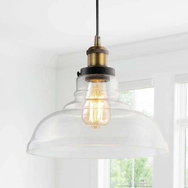 JONATHAN Y Litchfield 11 in. 1-Light Brass Gold Farmhouse Metal/Glass LED Pendant JYL3522A
