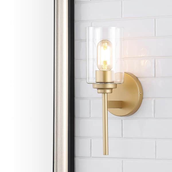 JONATHAN Y Juno 13 in. 1-Light Brass Gold Farmhouse Industrial Iron Cylinder LED Wall Sconce Vanity Light JYL9547B