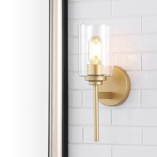 JONATHAN Y Juno 13 in. 1-Light Brass Gold Farmhouse Industrial Iron Cylinder LED Wall Sconce Vanity Light JYL9547B