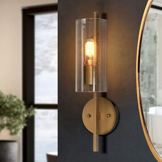 Uolfin 17 in H. Modern Cylinder Powder Room Wall Sconce 1-Light Large Brass Gold Bathroom Single Light with Seeded Glass Shade D7Q7NUHD23858UI