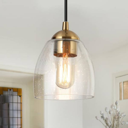 Zevni 1-Light Brass Gold Mini Pendant Light, Seeded Glass Black Pendant Hanging Light, Modern Light Fixture for Kitchen Island Z-V73YIEYQ-4700