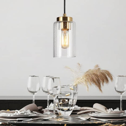 Zevni 4.7 in. 1-Light Brass Gold Mini Pendant Light, Cylinder Seeded Glass Pendant Hanging Light, Modern Black Light Fixture Z-W7FRMU2Q-4665