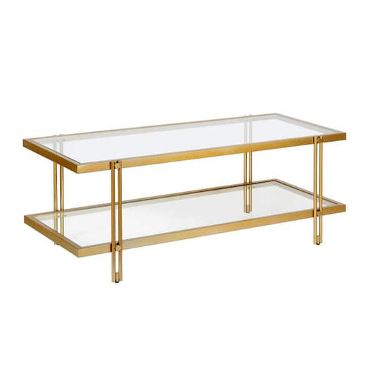 Meyer&Cross Inez 45 in. Brass/Clear Rectangle Glass Top Coffee Table with Shelf CT0316