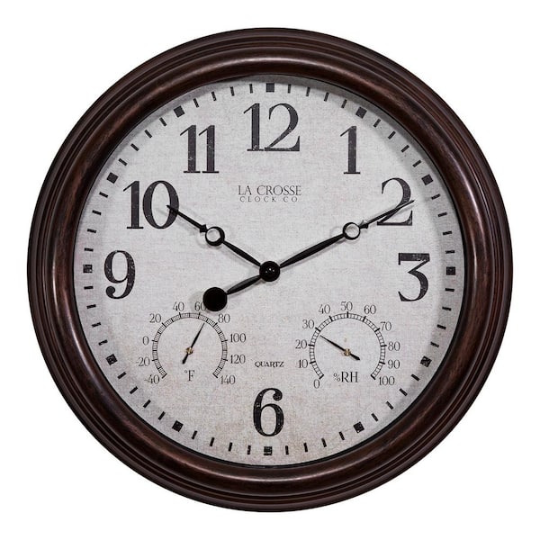 La Crosse Technology 15 in. Brown Indoor/Outdoor Quartz Wall Clock with Thermometer and Hygrometer 404-3015