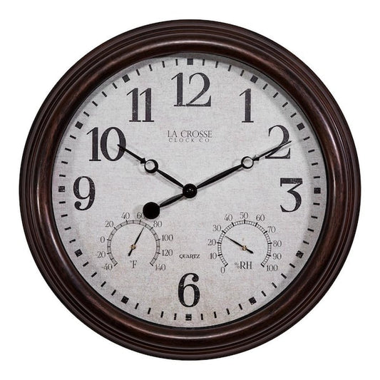La Crosse Technology 15 in. Brown Indoor/Outdoor Quartz Wall Clock with Thermometer and Hygrometer 404-3015