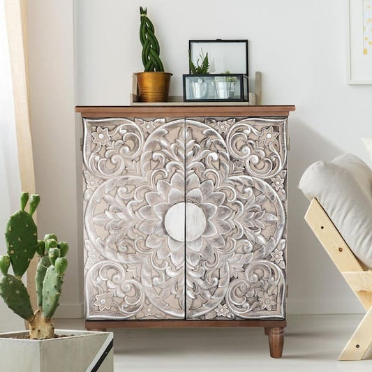 PHI VILLA 38 in. Floral Brown Accent Storage Cabinet with 2-Door THD-IF-405J