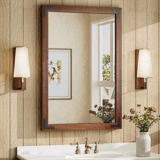 KeonJinn 24 in. W x 36 in. H Rectangular Rustic Wood Framed Farmhouse Wall Bathroom Vanity Mirror in Brown MKJ-6191BN