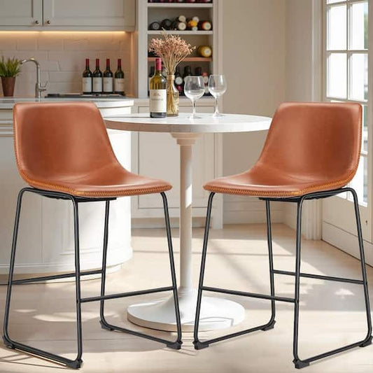 WONDER COMFORT Brown Faux Leather 26 in. Counter Height Bar Stools Set of 2 with Back and Metal Leg for Kitchen lsland TN-BS2P-WT