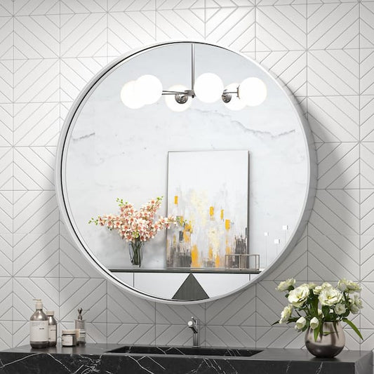 TETOTE 24 in. W x 24 in. H Medium Round Metal Framed Modern Wall Mounted Bathroom Vanity Mirror in Brush Nickel hd-YXJSK-R60bs